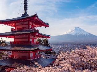 A Japanese pagoda with a view of mount Fuji. 